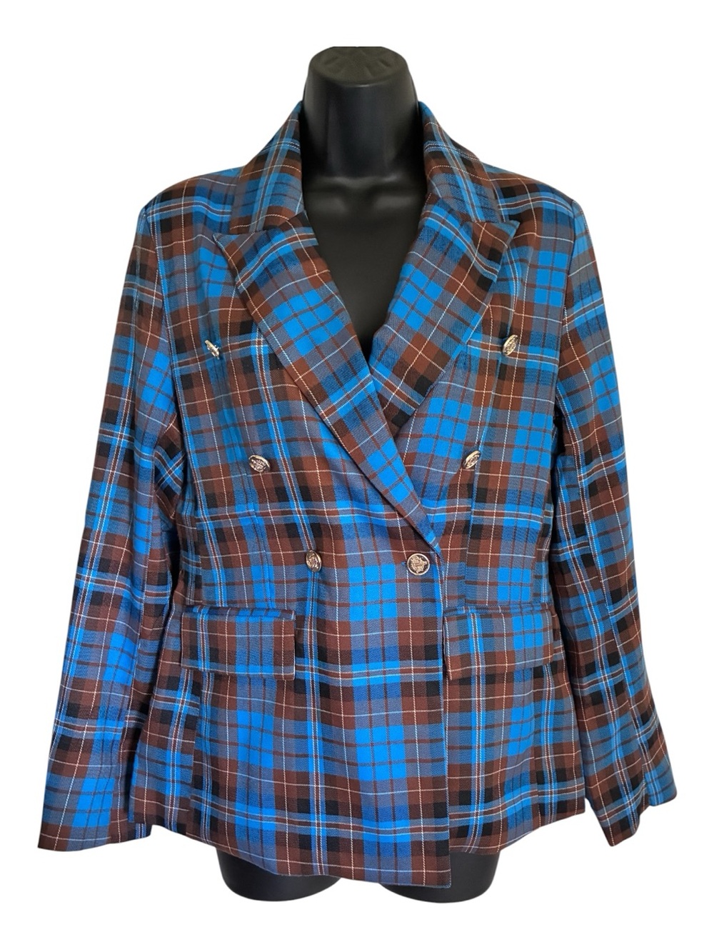 NWT Plaid Double-Breasted Grandpacore Academia Blue & Brown Blazer Jacket Sz L